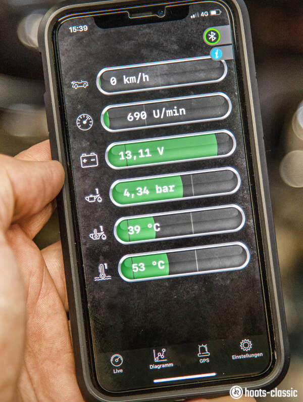 hoots App OLdtimer Motorenwerte auf dem Smartphone per Bluetooth